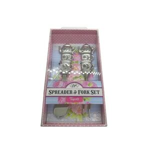 Epic Vintage Chic Teapot Stacked Teacup Metal Spreader and Fork Set Silver Tone